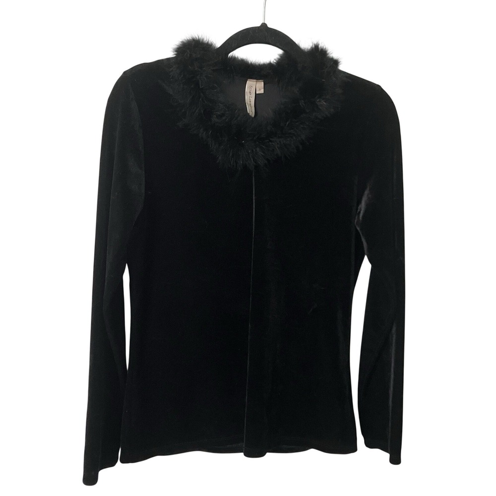 Susan Lawrence Black Velvet Faux Fur Trim Long Sleeve Top Small 3711W USA Made